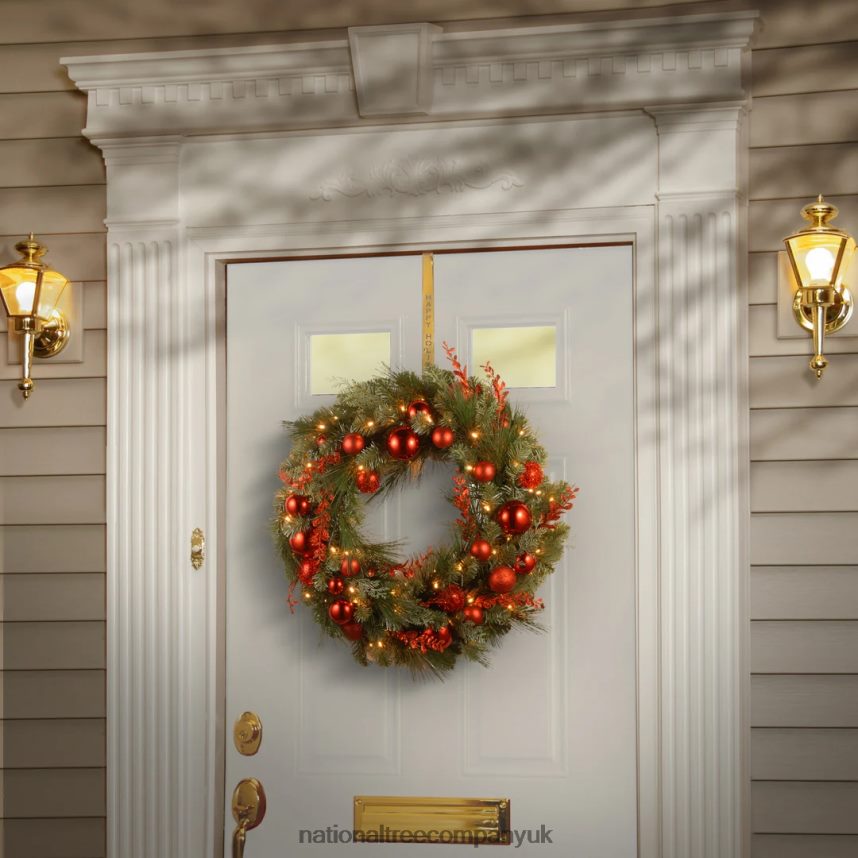 Greenery | National Tree Company Pre-Lit Artificial Christmas Wreath Green Evergreen White Lights Decorated with Ball Ornaments Red Sprigs Christmas Collection 30 Inches F2L4F260